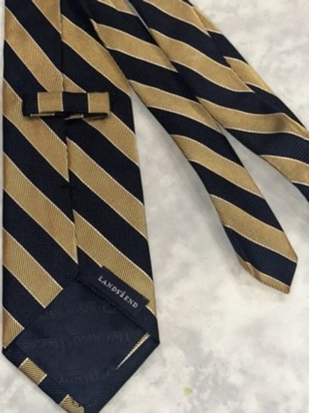 Necktie REPP Lands' End 100% Silk Mens Striped Blue Gold Tie 61 1/2 x 3 3/4 EUC